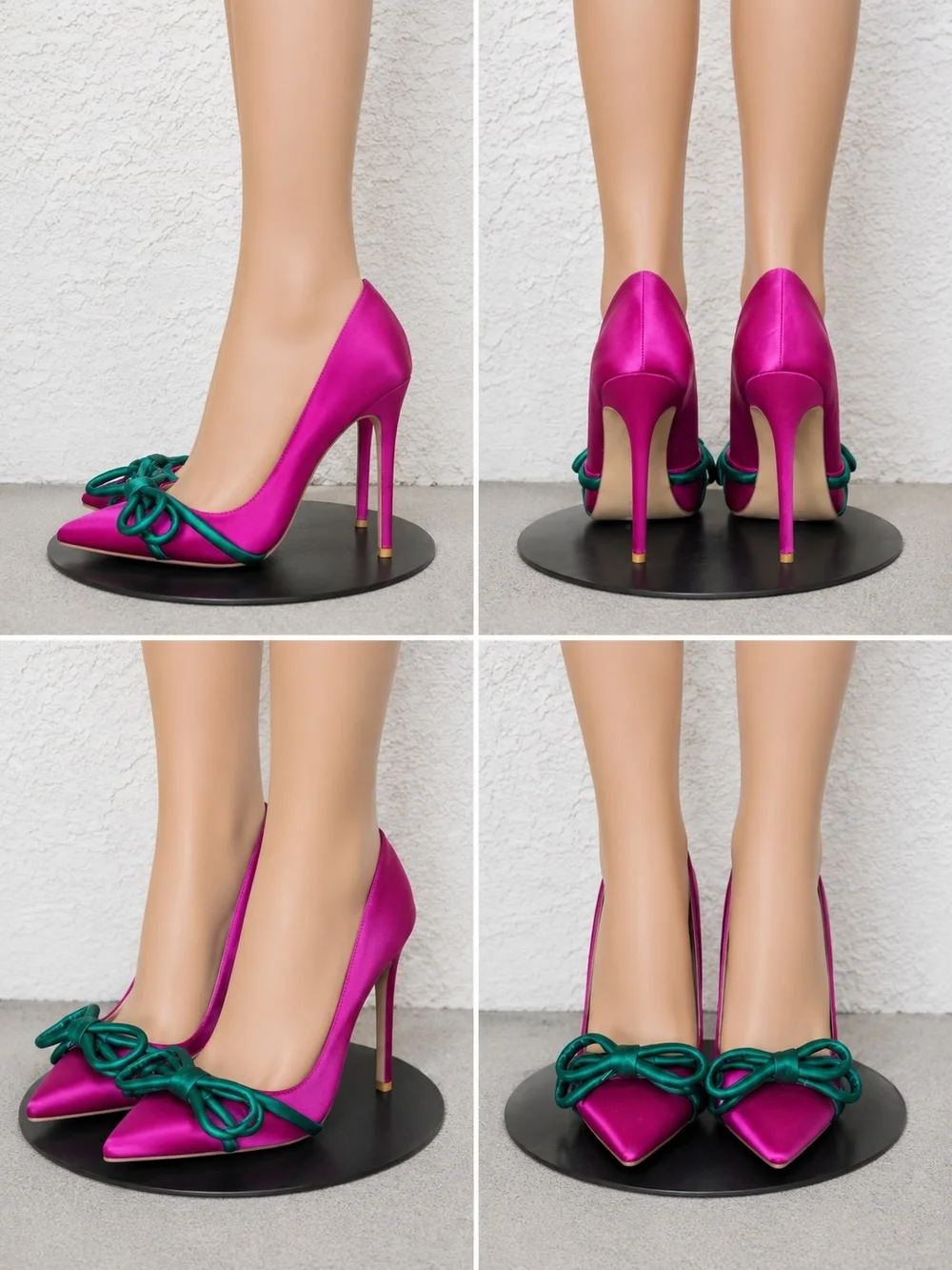 Women's Satin Pointed Toe Stiletto Pumps with Green Bow - Fuchsia